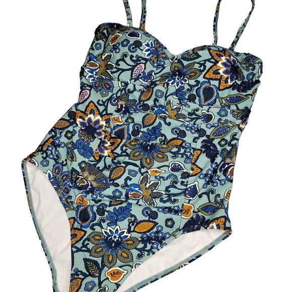 Tahiti boho floral one piece swimsuit floral blue yellow tan size Large 12-14 - Picture 4 of 6